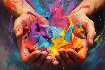 Foto op Canvas Hands covered in bright, rich paint stains © Evgeniya Fedorova