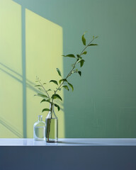 Generated photorealistic image of a minimalist design with a light green wall and a plant in a bottle