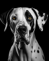 Generated photorealistic image of a spotted Great Dane in black and white format