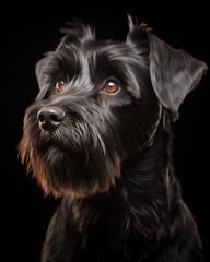 Generated photorealistic image of a black terrier with brown eyes