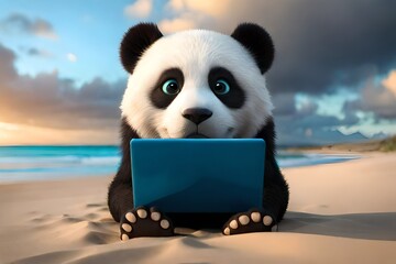 A Cute Panda Using a Laptop on the beach, the playful panda is nestled in a cozy hammock strung...