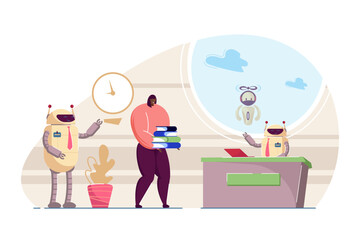 Reduction of importance of men at work vector illustration. Human employee doing manual work while AI robots working on laptop and managing business. Robotization, artificial intelligence concept