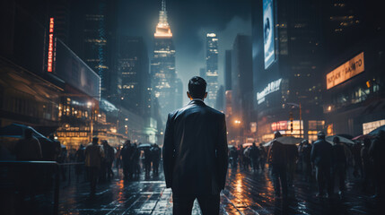 Determined business person standing tall in a urban environment. The back view adds a sense of mystery, highlighting the determination, confidence and ambition in achieving success.