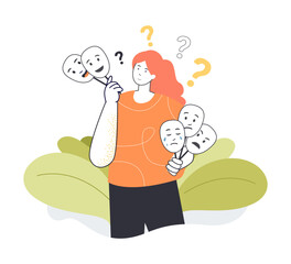 Woman holding masks expressing emotions vector illustration. Girl going through emotional journey, transformation, masks showing feelings. Emotions, psychology, mental health, personality concept