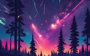 Landscape colorful with forest and starry sky. Generative AI.