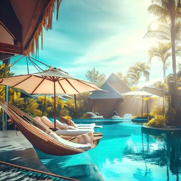 Vacation luxury resort with a swimming pool ,hammock and umbrellas