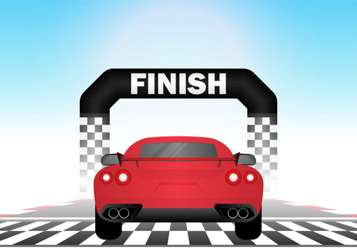 Racing Car on Racing Track Driving to Finish Point. Racing track with Racing Car.  Race track road. Vector Illustration.	