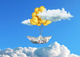 Money boat with golden balloons takes off in the sky above the clouds, a creative idea. Economy growth and takeoff, concept. Dollar lift up. Successful investments and savings