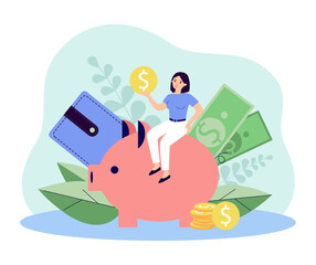 Happy tiny woman sitting on piggybank vector illustration. Girl managing personal finances, holding gold coin, huge piggy bank, wallet, banknotes. Finances, budget planning, economy, savings concept