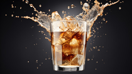 Ice coffee is poured into a clear tall glass with a splash on a black background. Created with Generative AI technology.