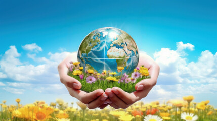 Human hand holding small globe on blue sky background, eco concept