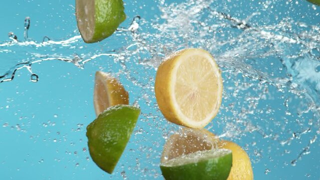 Lemons and Limes splashing on blue background