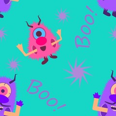 Seamless baby pattern. Pink and purple little monsters with horns and fur. Inscription BOO. Pattern for textiles, gifts, cards, and other childen's goods. Pattern for printing.