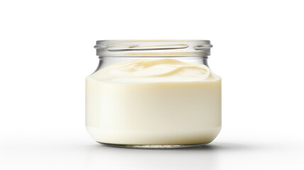 Cream jar. Cosmetic jar mockup. Round white bottle. Glass creme container blank on white background. Created with Generative AI technology.