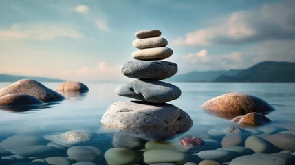 Foto auf Leinwand Concept of harmony and balance. Balance stones against the sea. Created with Generative AI technology. © MP Studio