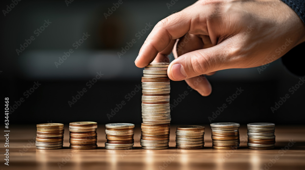 Poster mhand put coins to stack of coins on dark background. created with generative ai technology.