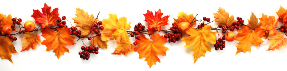 horizontal garland with red, orange, brown and yellow autumn leaves on a white background. 