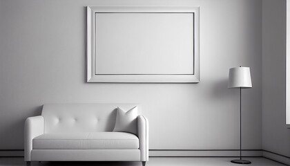 blank white picture frame on white living room wall. Photo in high quality
