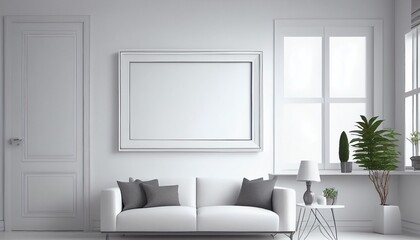 Naklejka na ściany i meble blank white picture frame on the white living room wall. Photo in high quality