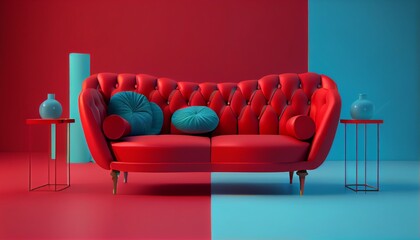 red sofa on blue background, 3D illustration, Modern minimalistic living room interior detail. Photo in high quality