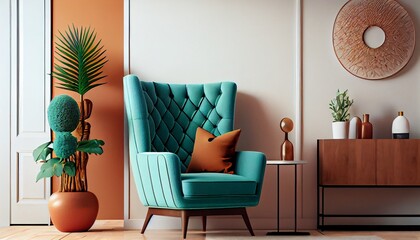 Warm-toned mid-century living room interior wall mockup with an empty space, and bright turquoise armchair. Photo in high quality