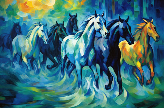 Pferde gemalt blau