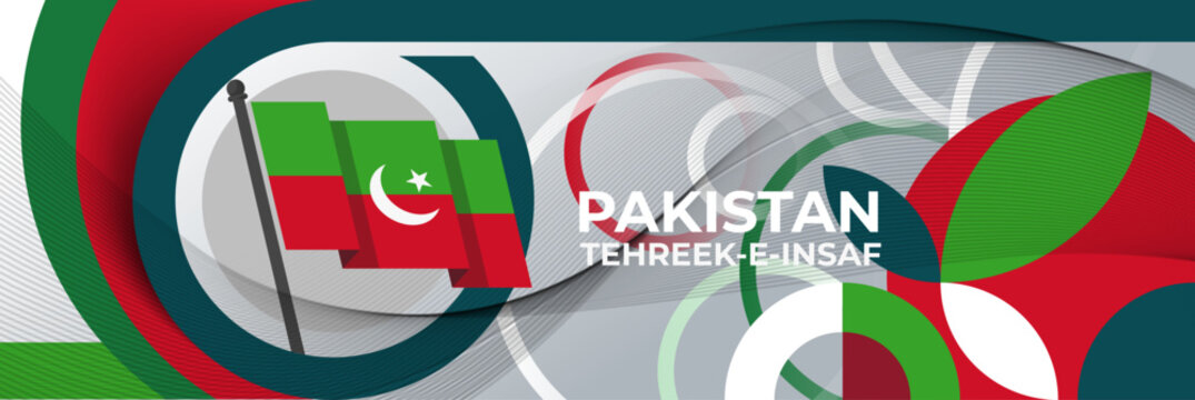 Pakistan tehreek-e-insaf , means league of justice, political party national day banner, PTI flag colors background and geometric abstract modern green red white design. Pakistani insafians flag.