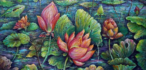Fototapeta premium professional artist hand painted original impressionism art painting fine art oil color lotus flower and waterlily flora blossom bloom petal garden leaf fragment of artwork colorful strokes botanical