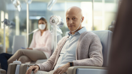 Bald man battles cancer while undergoing chemotherapy at the hospital. Created with Generative AI technology.