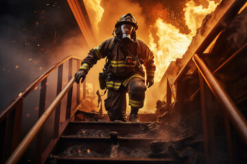 Brave Firefighter Runs Up The Stairs. Raging Fire is Seen Everywhere.
