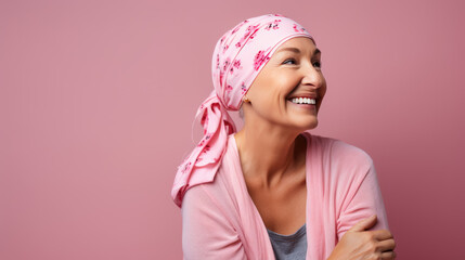 Middle-aged woman cancer patient wearing headscarf and smiling on pink background. Created with Generative AI technology.