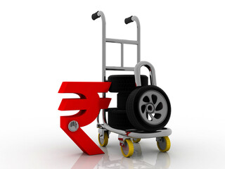 3d rendering Car wheel protection lock in trolley with rupee sale concept
