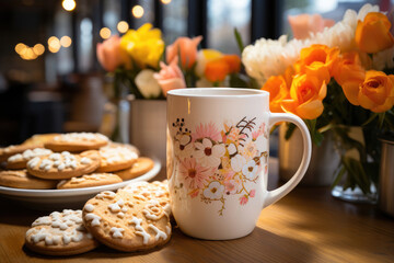 Naklejka na ściany i meble A white mug and an appetizing pastry on an Easter background