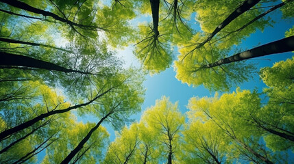 Forest trees view from below into the sky. Nature green wood sunlight backgrounds.Carbon credit trading concept.
Reforestation concept for environmental sustainability.