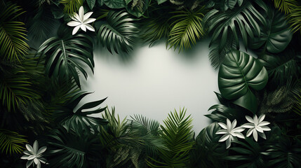 Fototapeta na wymiar Blank, frame in center surrounded by dark green tropical leaves. The leaves are thick with jagged edges. The square is empty providing space for text or product display.