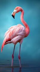 Photo of a vibrant pink flamingo standing gracefully in the sparkling water created with Generative AI technology