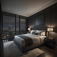 Penthouse bedroom at night, generative AI