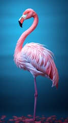 Fototapeta na wymiar Photo of a vibrant pink flamingo standing on a vibrant blue background created with Generative AI technology
