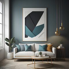 living room interior with sofa and abstract Frame Poster, generative AI