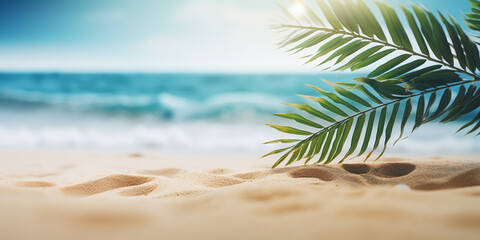 Tropical sea beach mockup template and palm leaf on seaside background for SPF cream protection. Summer Hawaii island beach sand and ocean waves of exotic paradise