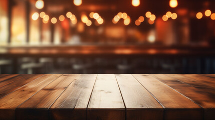 Wooden board empty Table Top And Blur Interior over blur in restaurant Background, Mock