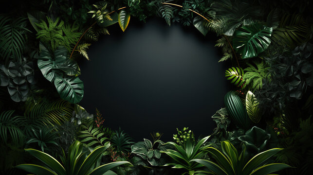 Blank, frame in center surrounded by dark green tropical leaves. The leaves are thick with jagged edges. The square is empty providing space for text or product display.