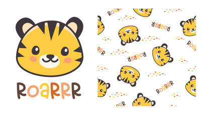 Fototapeta premium Vector set. Printable print and seamless abstract vector pattern. Cute tiger cub and Roar lettering . Vector illustration