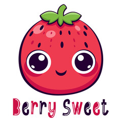 Vector print for t-shirt printing with lettering Sweet Berry. Super cute vector illustration in kawaii style. Cute strawberry with big pitiful eyes. Anime Eyes. . Vector illustration