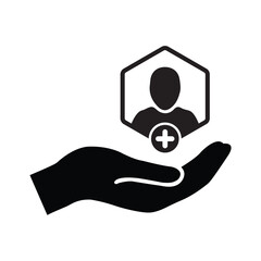 Patient icon. Customer icon with add, additional sign. Patient icon and new, plus, positive symbol. Patient, icon, new, customer, support, safety, retention, extra, join, more, plus