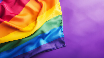 Rainbow flag on purple background, close up view. LGBT concept