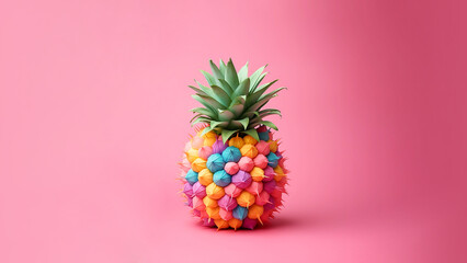 Creative layout of pineapple made of colorful pom poms on pastel pink background. Minimal fruit concept. Creative  idea. Pineapple girly design.