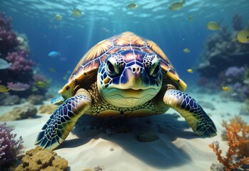 Obraz premium Cute turtle smiling under the sea