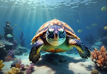 Fototapeta premium Cute turtle smiling under the sea