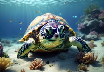 Obraz premium Cute turtle smiling under the sea